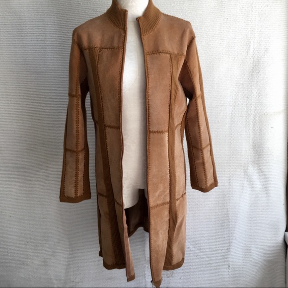 Vintage Jackets & Blazers - Vintage Suede Leather Knit Patchwork Duster Coat